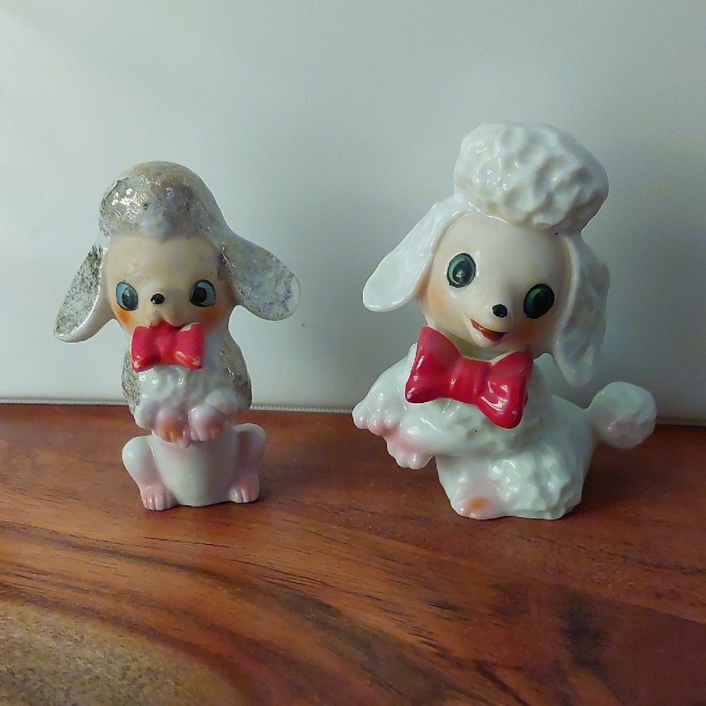 Charming White and Red Ceramic Poodle Figurines